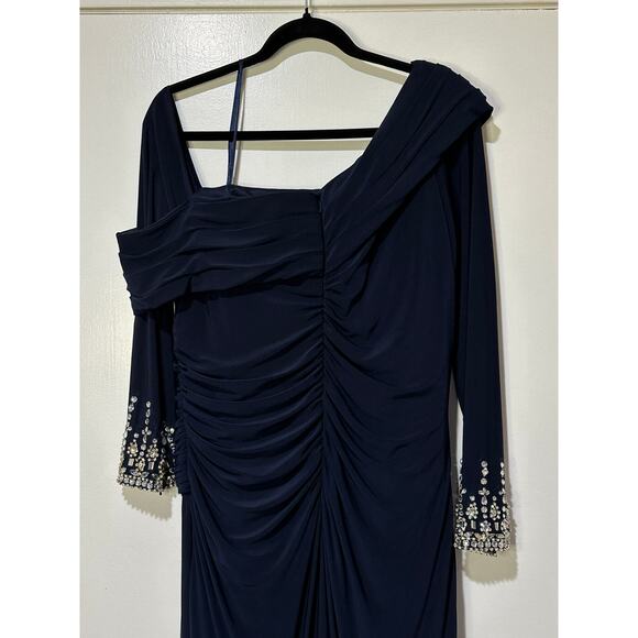 Mac Duggal Beaded Cuff Drop Shoulder Faux Wrap Long Navy Gown Size 14 NWT #12231 - Picture 12 of 15